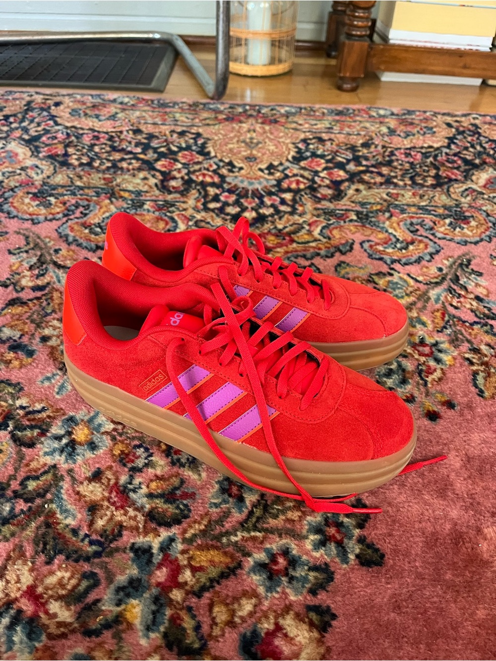 adidas Red Suede Platform Sneakers with Pink Stripes